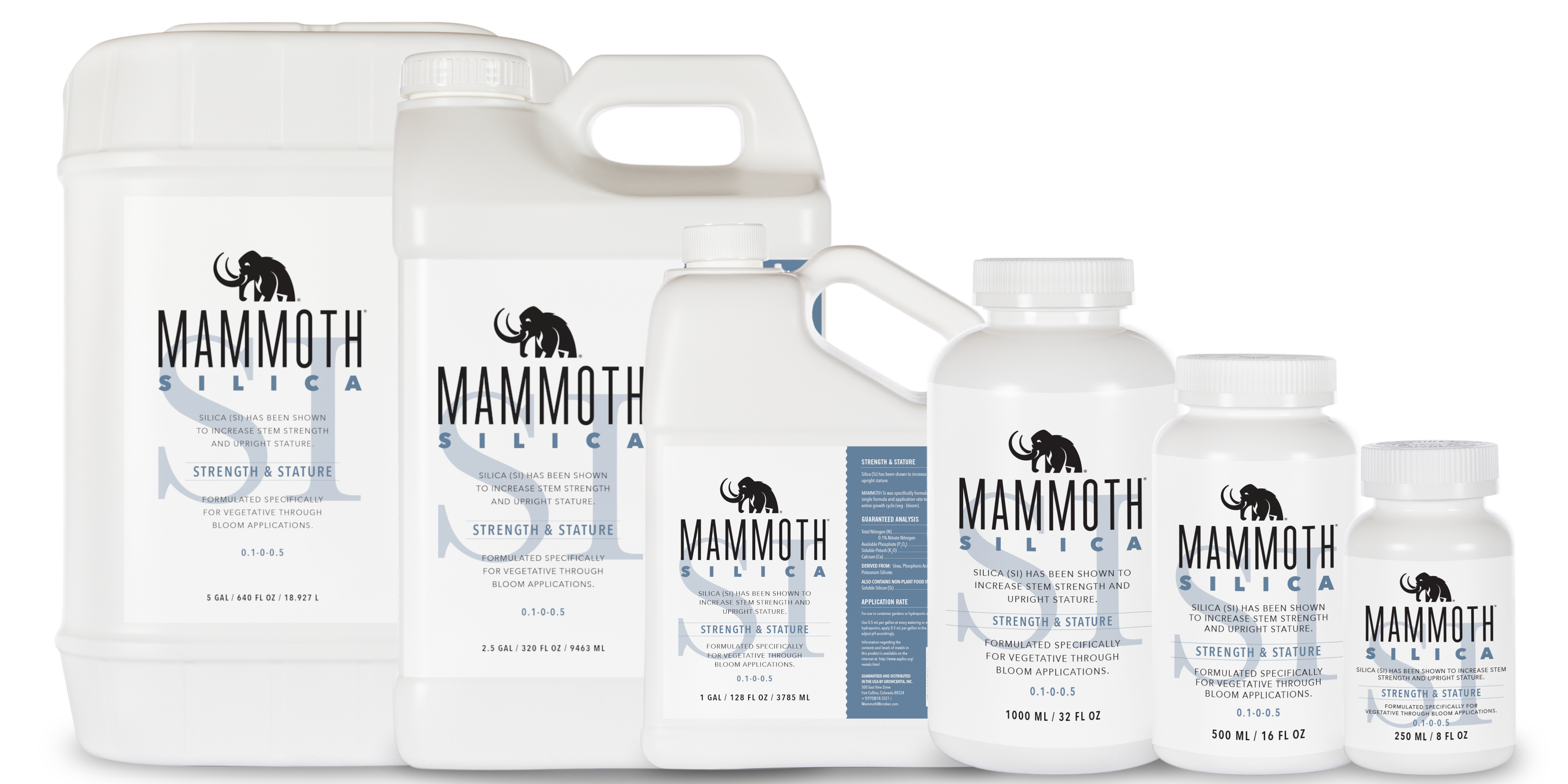 Image of all available sizes of Mammoth Silica, from 250mL to 5 Gallons
