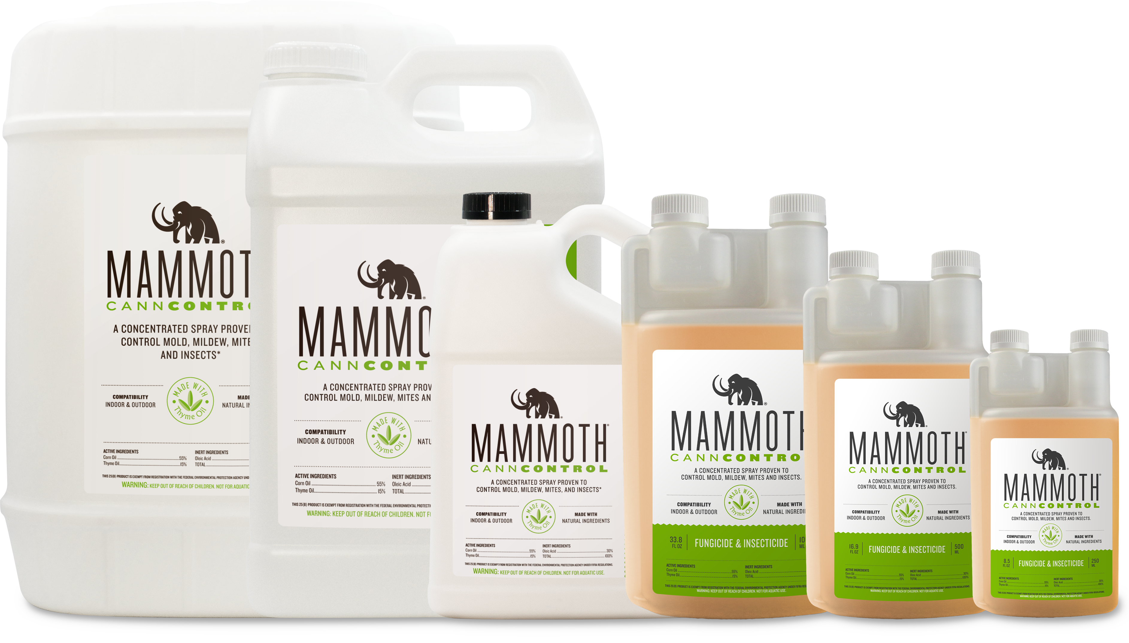 Image of all available sizes of Mammoth CannControl, from 250mL to 5 Gallons