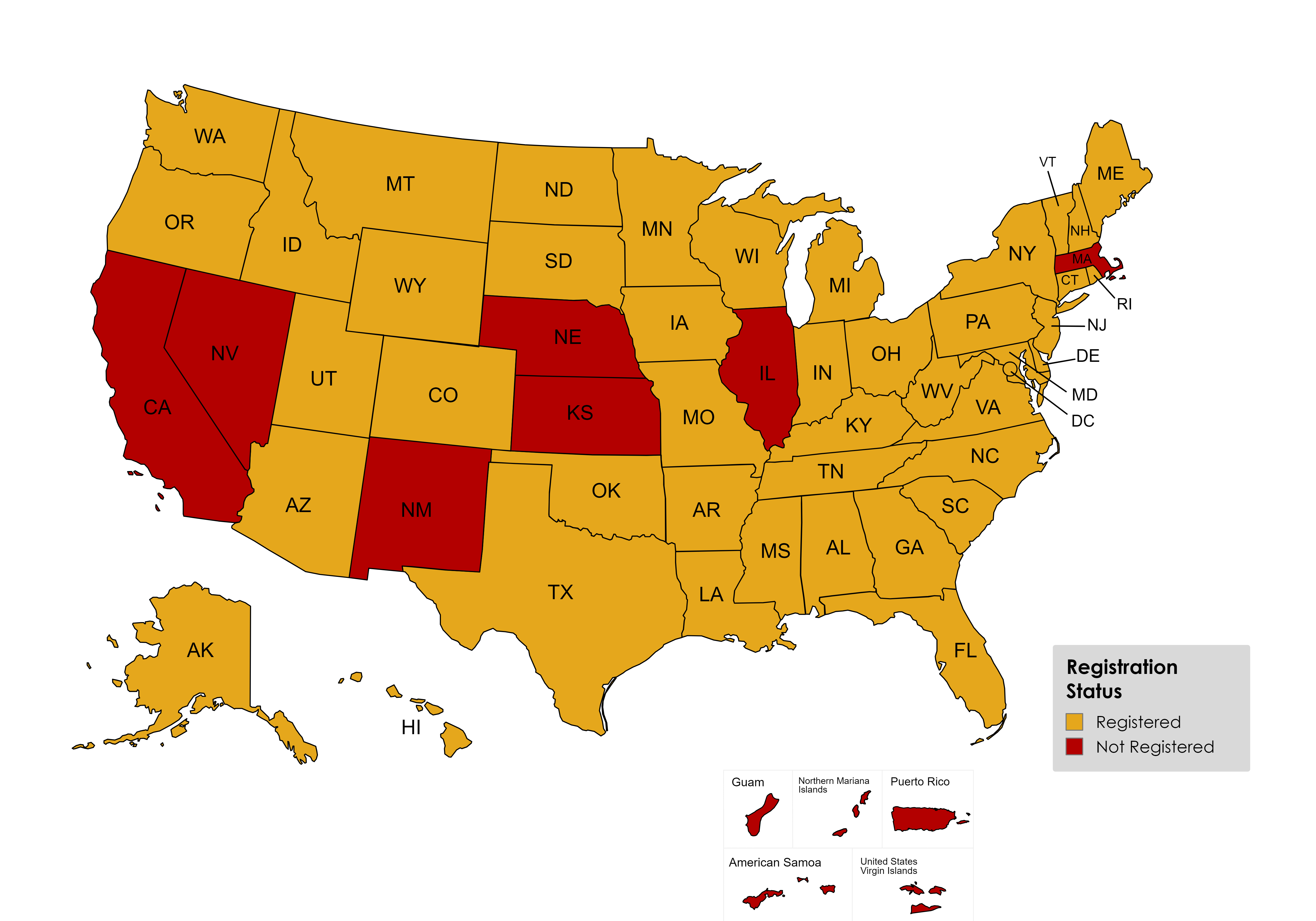 Map of Availability for Mammoth Myco. Not Registered in CA, NV, NM, NE,KS, IL, MI, NC, ME, MA, or Puerto Rico